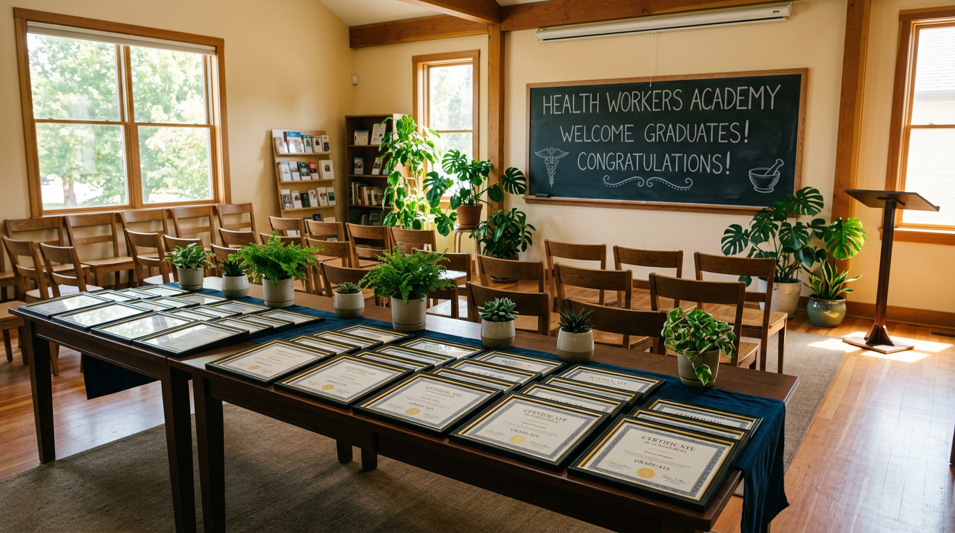 Health workers receiving training certification at the Health Workers Academy
