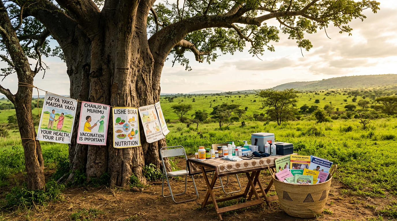 Community health workers conducting an outreach session in a rural setting